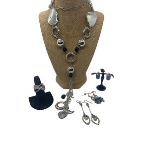 Silver Tone Jewelry Lot 5 Pieces Long Necklace Stretch Ring 3 Pair Earrings